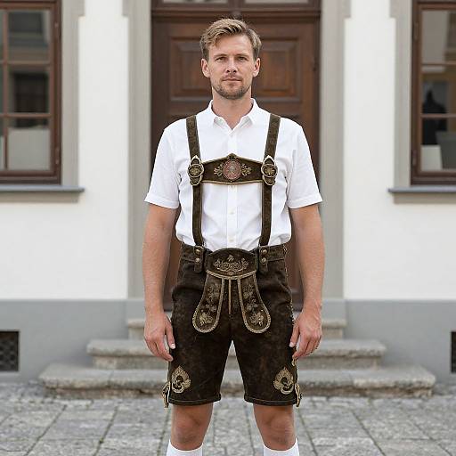 Photograph of a bearded, fair-skinned man in traditional Bavarian outfit: white shirt, black leather Lederhosen with intricate gold embroidery