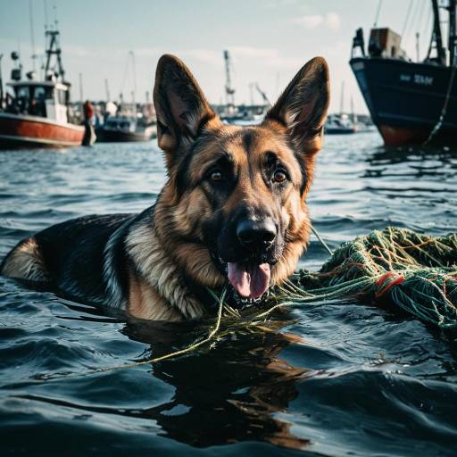 German Shepherd Retrieves Nets in Harbor