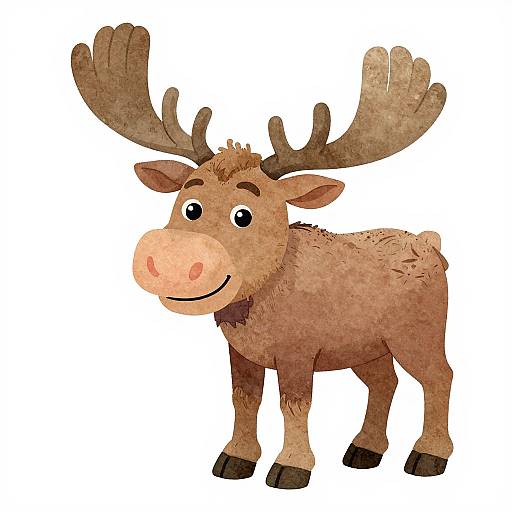 Cartoon-style digital drawing of a smiling moose with large brown antlers, light brown fur, black eyes, and a pink nose on a white