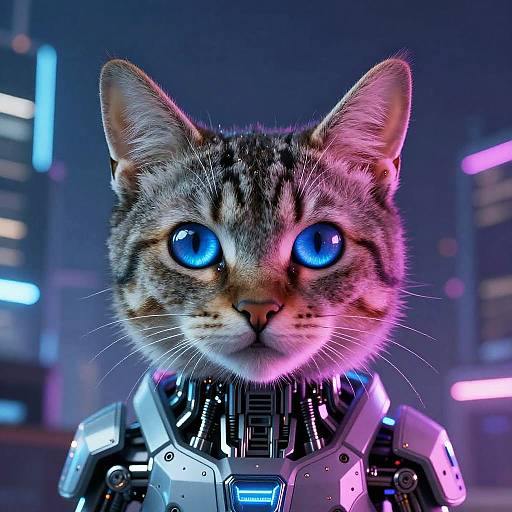 CGI image of a cybernetic tabby cat with glowing blue eyes, wearing a futuristic armored suit, set against a neon-lit cityscape