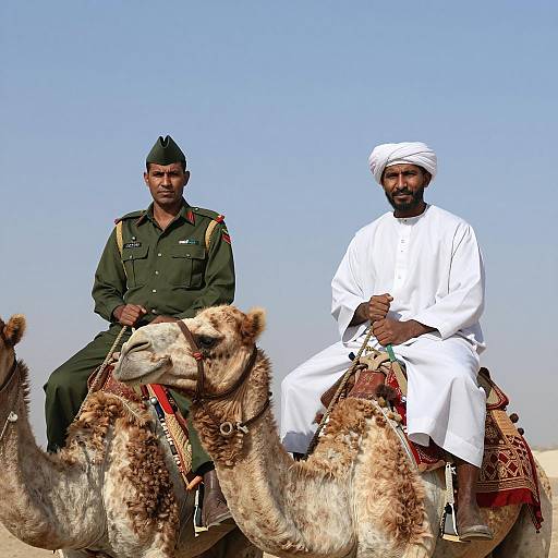 Two Men on Camels Under Blue Sky