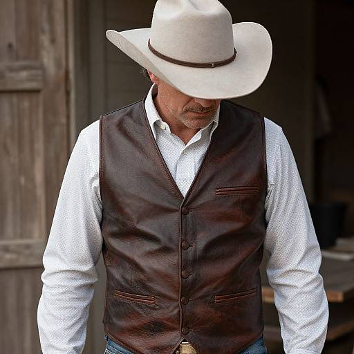 Photograph of an older man with a white cowboy hat, white shirt, and brown leather vest, looking down, standing in front of a wooden building