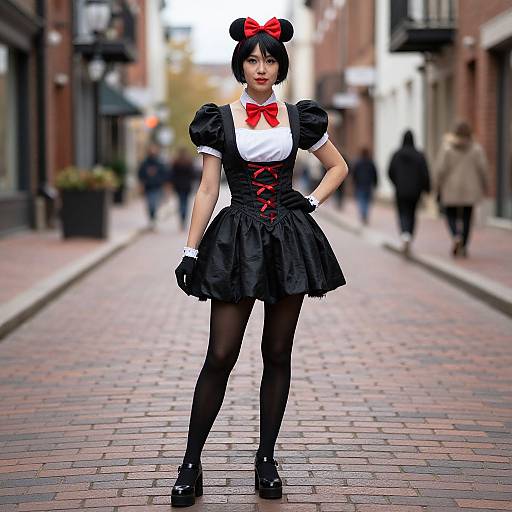 Photograph of a young woman in a black gothic Lolita dress with red ribbon, white blouse, black gloves, and black stockings, standing on