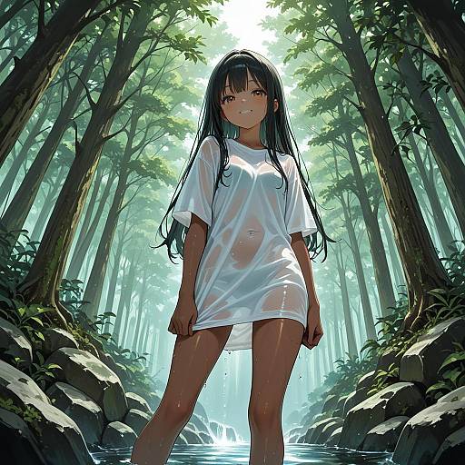 Elegant Girl by Forest Waterfall