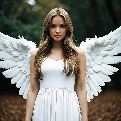 Young Woman in Angel Costume with White Feathered Wings