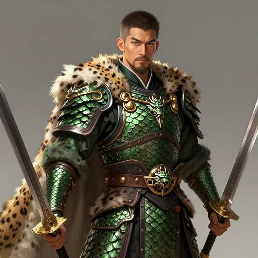 Digital artwork of a muscular, dark-haired warrior in green scale armor, fur-caped, holding two swords, with a stern expression.