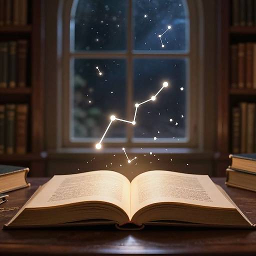 Photograph of an open book on a wooden desk, with glowing constellation lines above, set against a nighttime window backdrop.