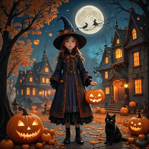 Girl in Witch Costume with Halloween Pumpkin and Black Cat