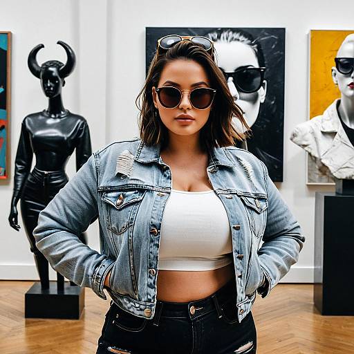 Stylish Woman in Denim Jacket at Art Gallery