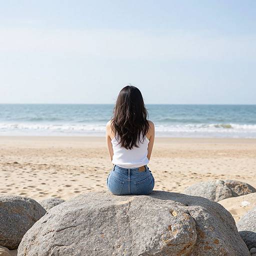 Photograph of a woman with long black hair, wearing a white sleeveless top and blue jeans, sitting on a large rock, facing a sandy beach