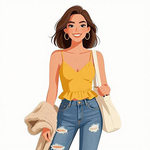Digital illustration of a smiling woman with brown hair, wearing a yellow ruffled top, blue ripped jeans, large hoop earrings, holding a fur jacket and