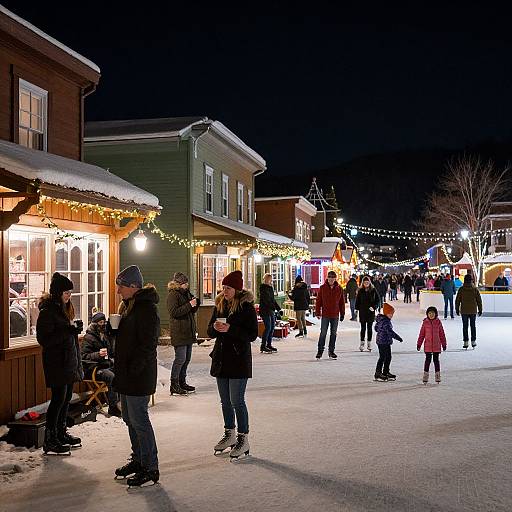 Nighttime photograph of a snowy village street with illuminated buildings, people ice skating, and string lights, creating a festive atmosphere.