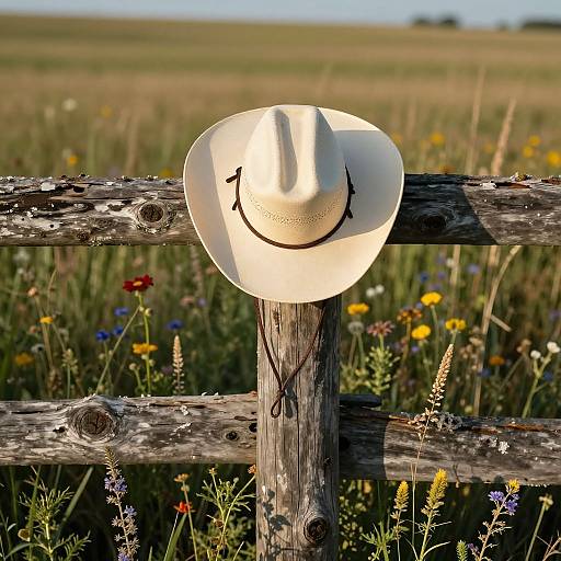 Photograph of a white cowboy hat with black stitching smile, resting on a weathered wooden fence in a sunlit meadow.
