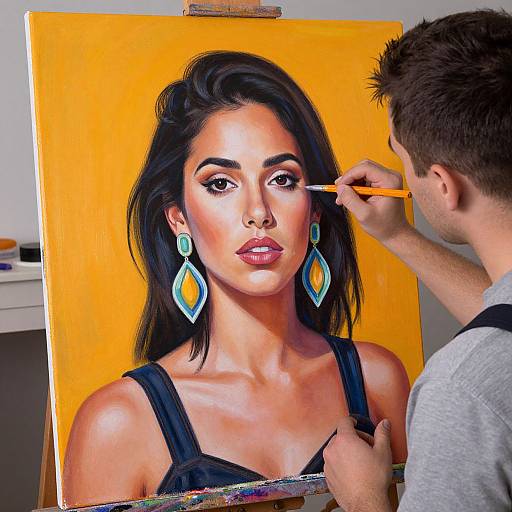 Photograph of a painter creating a vivid, orange background portrait of a woman with dark hair, teal earrings, and black top.