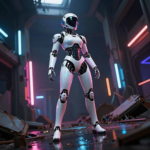CGI image of a white, humanoid robot with black accents standing in a neon-lit, futuristic, damaged warehouse with colorful lights.