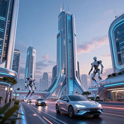Photorealistic CGI of a futuristic cityscape at dusk, featuring towering blue-lit skyscrapers, sleek flying robots, and modern cars driving on
