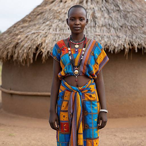 Photograph of an African woman in colorful, patterned traditional dress, standing in front of a thatched hut, wearing multiple necklaces and bracelets,
