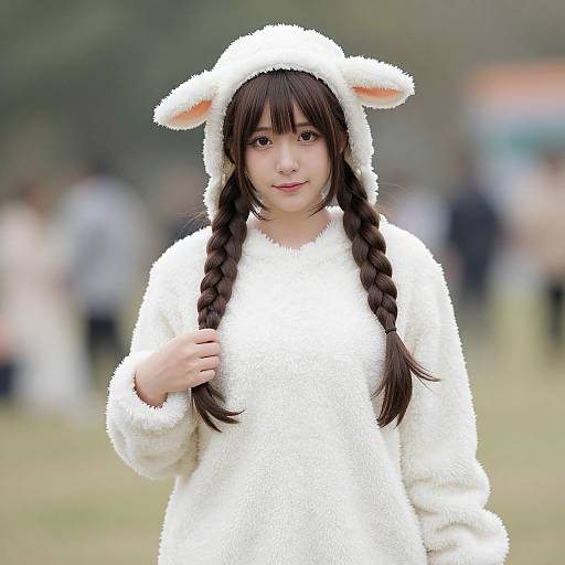 Photograph of an East Asian woman with long black braids, wearing a fluffy white sheep costume with ears, standing outdoors in a blurred park setting.