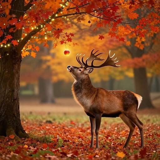 Photograph of a majestic deer with large antlers standing in a vibrant autumn forest, gazing up at an orange-red leaf while surrounded by glowing fairy
