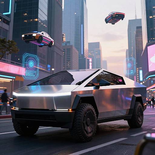 Armoured Cybertruck in Futuristic Metropolis