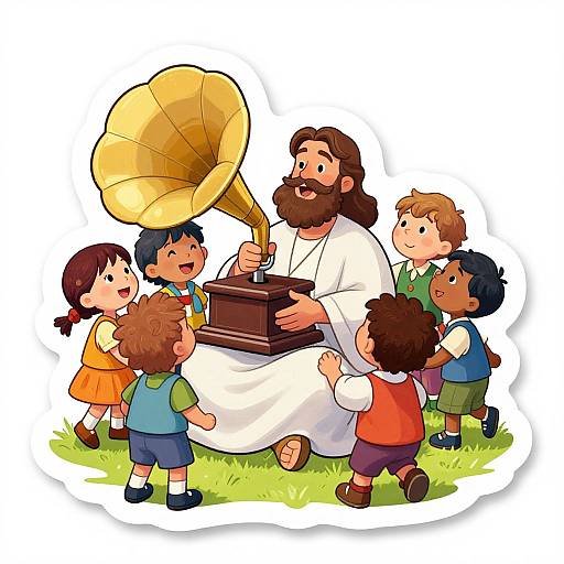 Cartoon illustration of a bearded Jesus in white robes, holding a golden trumpet, surrounded by curious, diverse children on green grass.