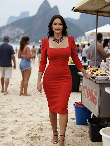 Photograph of a confident woman with dark hair in a form-fitting, red, long-sleeve, knee-length dress, black necklace, and
