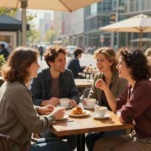 Photograph of four smiling friends, two men and two women, sitting at a sunlit outdoor café table, laughing and chatting, with city buildings and