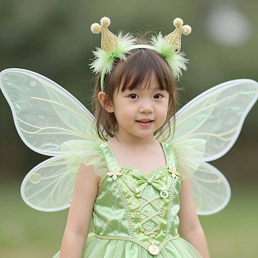Photograph of an Asian toddler girl with green fairy costume, translucent wings, and crown headband, smiling outdoors on a sunny day.