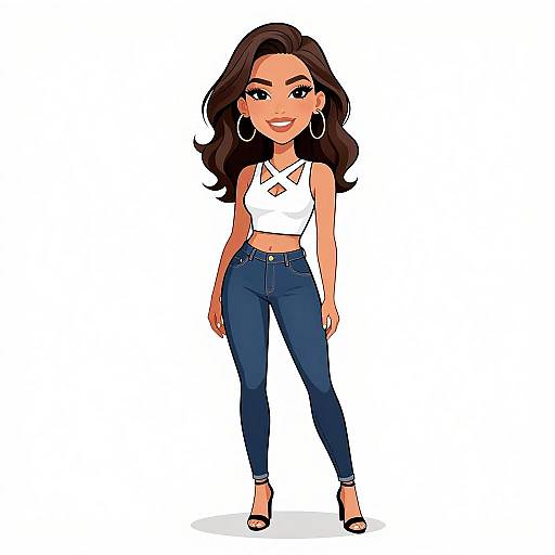 Digital illustration of a smiling young woman with long brown hair, wearing a white crop top, high-waisted blue jeans, and black heels, standing