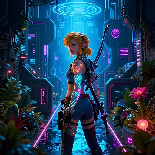 Digital art of a blonde, elf-like woman with glowing tattoos, futuristic armor, and gun, standing in a neon-lit cyber city, with glowing