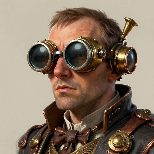 CGI portrait of a middle-aged man with steampunk goggles, brass accents, and a brown leather jacket, against a plain white background.
