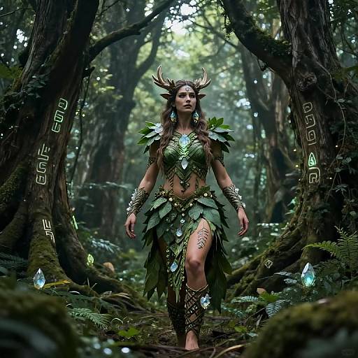Digital fantasy artwork of a horned, forest elf woman with green leaf armor, glowing runes, and ethereal forest background.