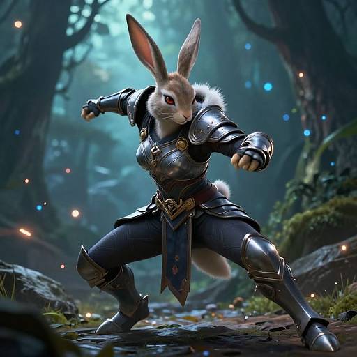 CGI fantasy image of a fierce white-furred rabbit warrior in shiny black armor, striking a battle pose in a mystical forest with glowing orbs.