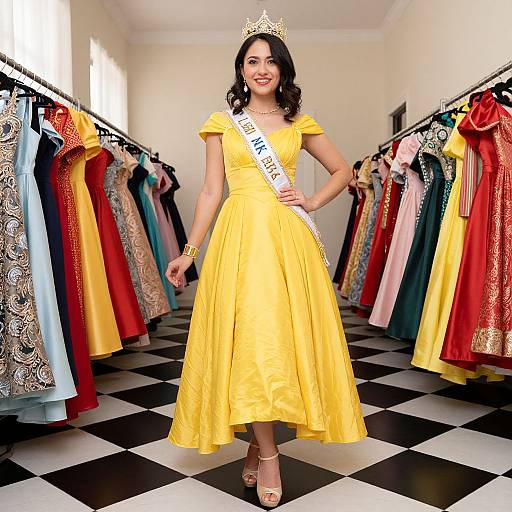 Photograph of a smiling woman with medium brown skin, black wavy hair, wearing a yellow crown, yellow dress, white sash, and heels