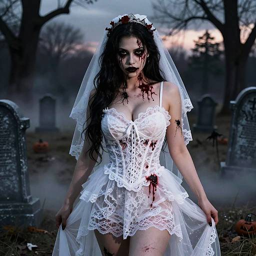 Gothic zombie bride in blood-stained white lace wedding dress and veil, standing in a foggy cemetery at sunset.