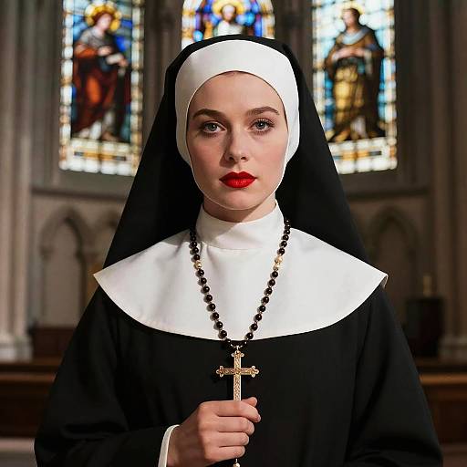 Young Nun Holding Rosary in Cathedral