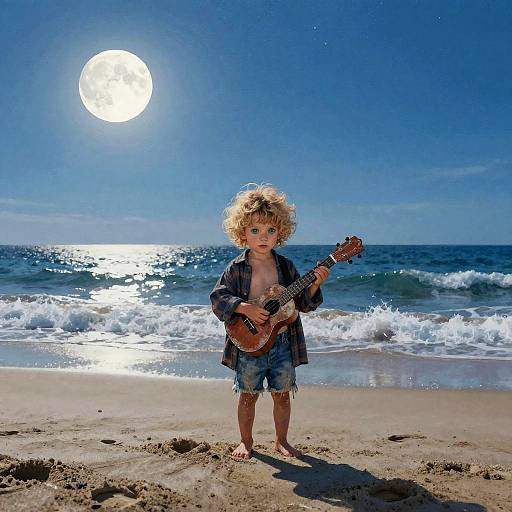 Child with Ukulele on Moonlit Beach