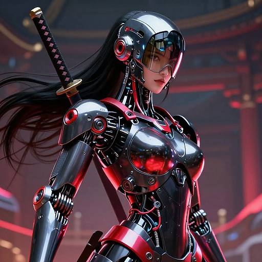 Digital art of a futuristic, metallic, red and black armored woman with long black hair, a katana, and reflective visor, standing confidently in