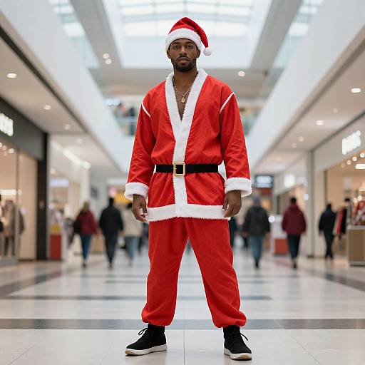 Photograph of a Black man in a red Santa outfit with white trim, black belt, and black sneakers standing in a brightly lit mall hallway with blurred