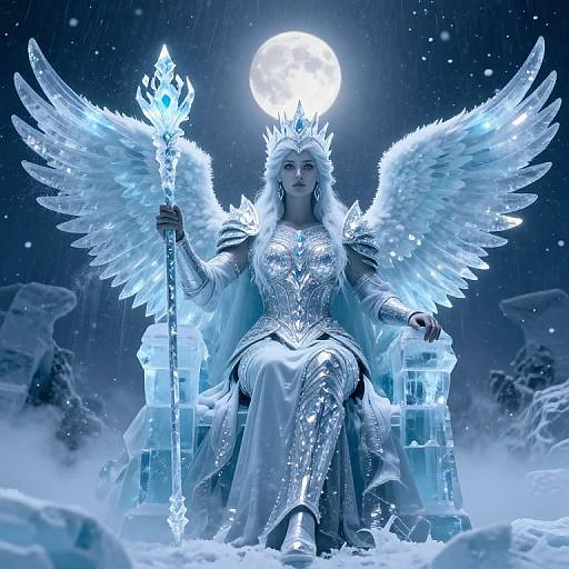 Digital artwork of a regal, white-winged queen with icy armor, crown, and staff, sitting on an ice throne under a full moon.