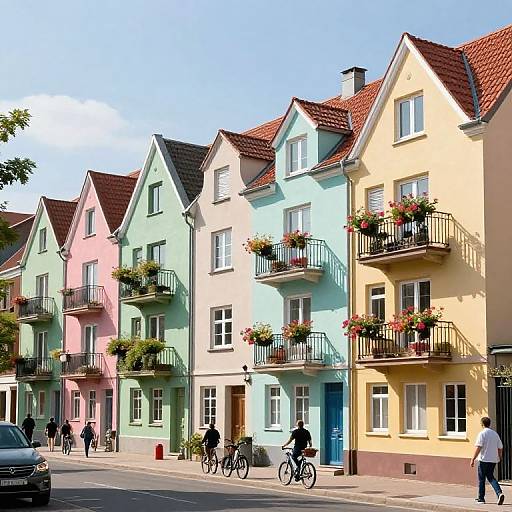 Photograph of pastel-colored, three-story townhouses with red-tiled roofs, flower-filled balconies, and cyclists on a sunny street. People