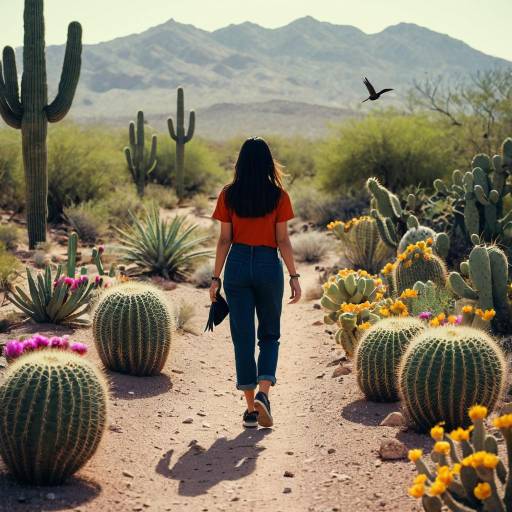 Woman Walking on Desert Trail with Cacti and Birds