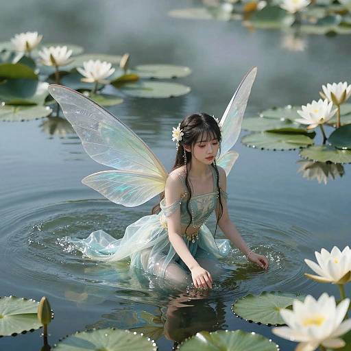 Digital artwork of a fairy girl with translucent wings, wearing a light blue dress, kneeling in a serene pond with white water lilies.