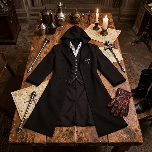 Photograph of a black Victorian-style coat with cross embroidery, brown leather gloves, and swords on a wooden table with candles, metal pots, and parchment