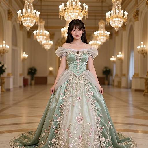 Photograph of a smiling Asian woman with long black hair in a mint green, off-shoulder, floral-embellished ball gown, standing