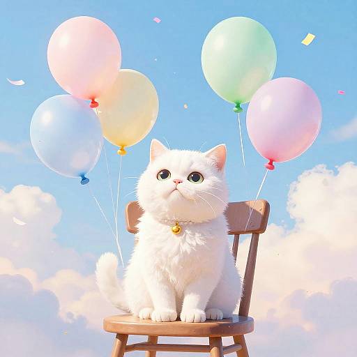 Adorable white kitten with blue eyes sitting on a wooden chair, surrounded by colorful balloons against a bright blue sky.