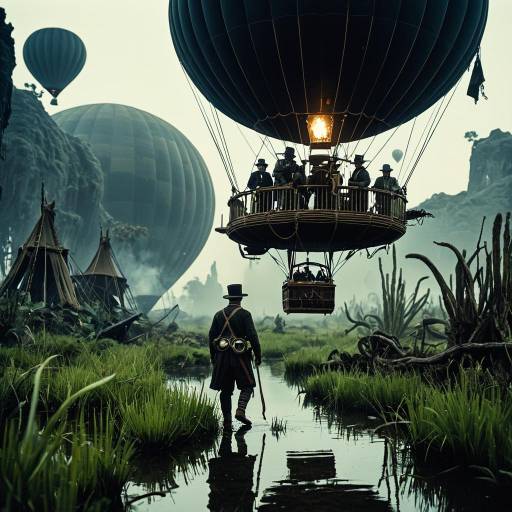 Victorian Explorer and Steam-Powered Hot Air Balloons in Alien Swamp