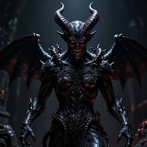 Digital artwork of a menacing, black-scaled demon with glowing red eyes, large curved horns, and dark wings, set against a dark, ominous background