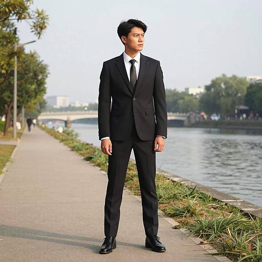 Photograph of an Asian man in a black suit, white shirt, and black tie standing on a park pathway beside a river.