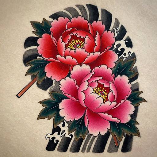 Tattoo-style digital artwork of two vibrant pink peonies with yellow centers, surrounded by black leaves and intricate white swirls on a beige background